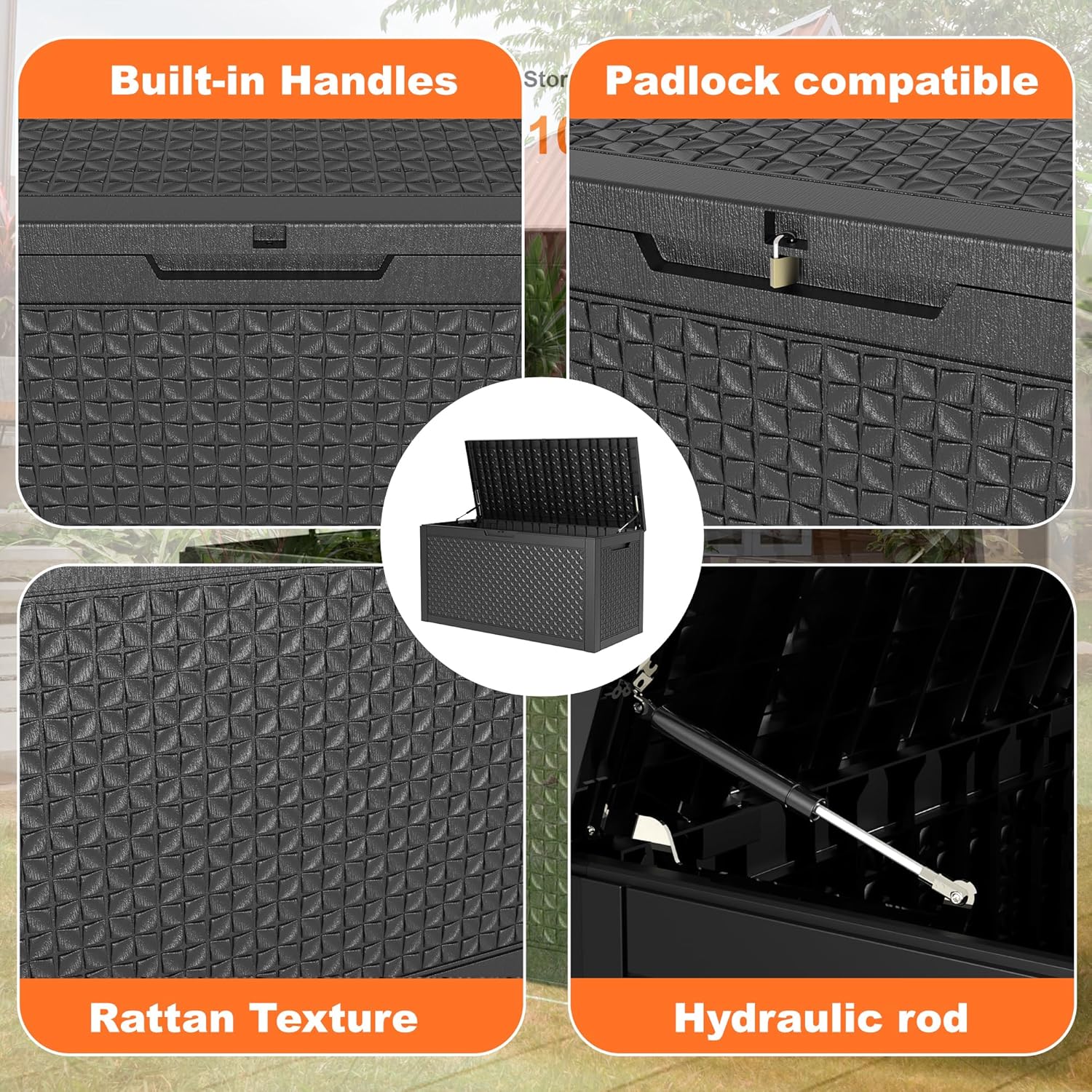 110 Gallon Resin Deck Box, Lockable Patio Outdoor Storage Box for Furniture, Garden Tools and Tools Storage, Waterproof Outside Storage Boxes - Patterned black