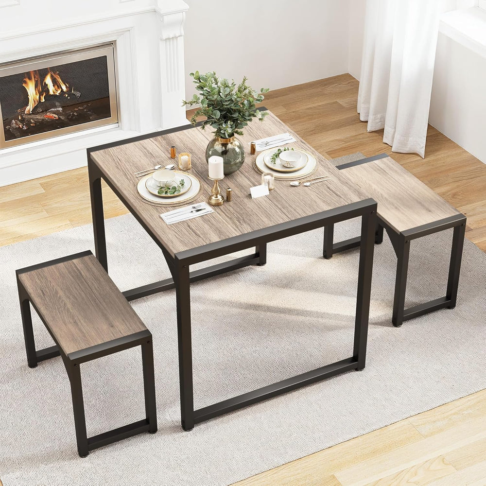 Gizoon Square Dining Table Set for 2, Kitchen Table with 2 Benches Grey
