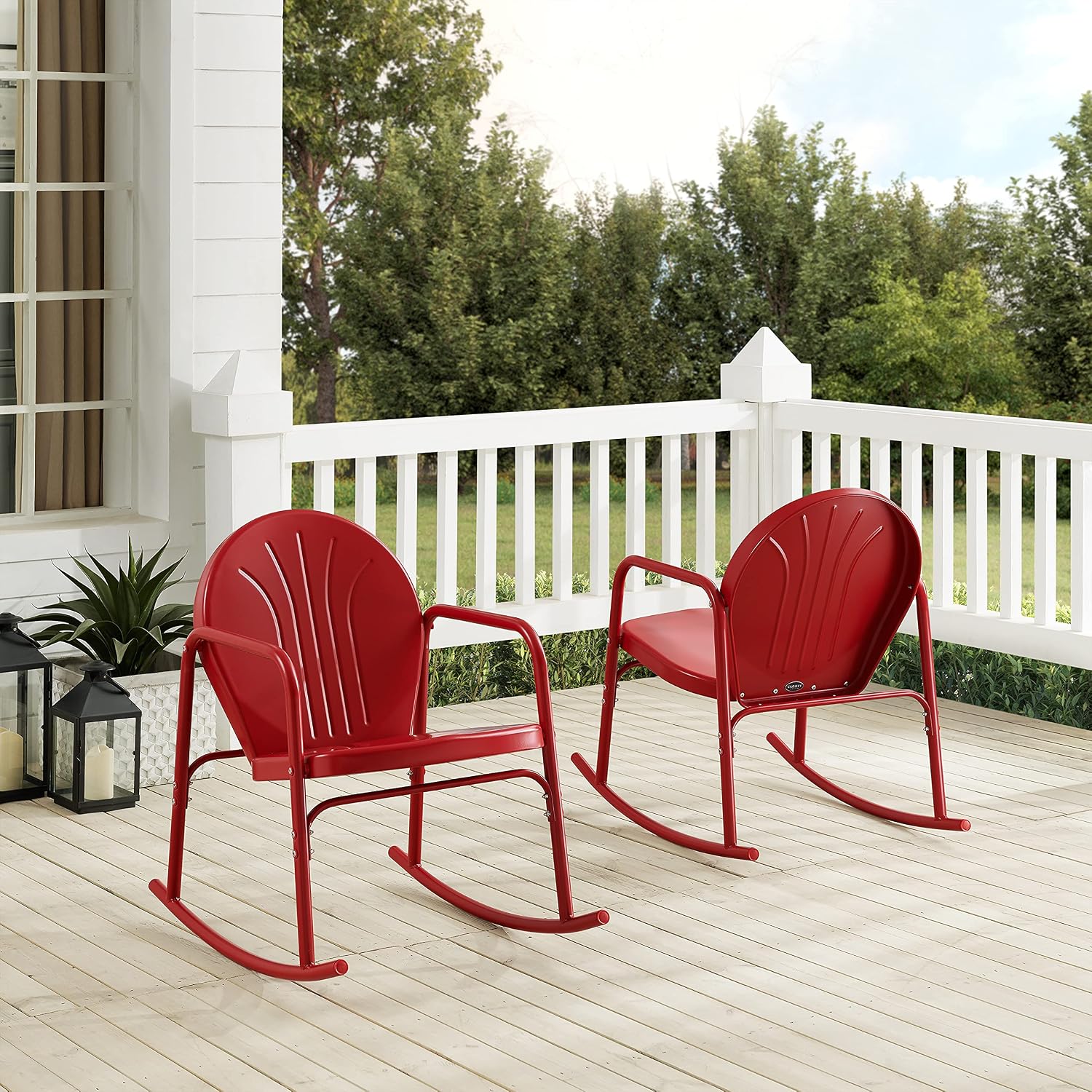 Crosley Furniture Griffith Retro Metal Outdoor Rocking Chairs, Set of 2, for Porch, Deck, Balcony, Backyard, Bright Red Gloss