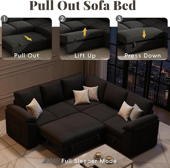 85 Inch Sectional Sleeper Sofa Bed with Pull Out Couch, U Shaped 5 Seat Cloud Modular Sectional Sofa with Storage, Corduroy Sectional Couches for Living Room, Removable Sofa Cover, Dark Grey