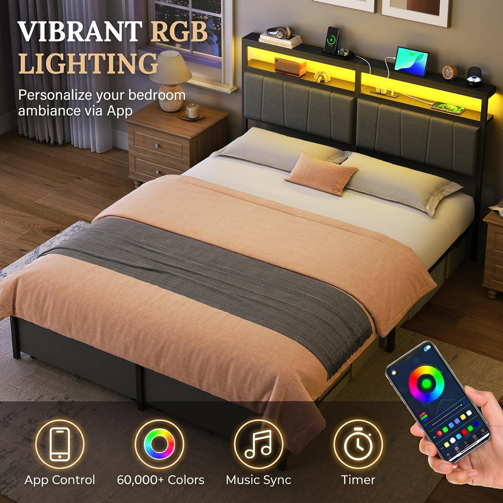 Queen Bed Frame with Storage Drawers and Charging Station, Grey