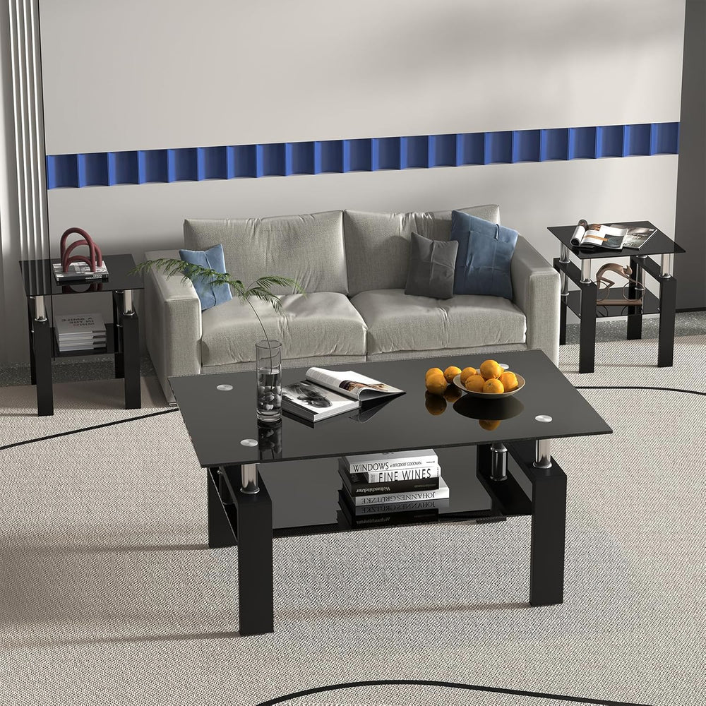 Black Glass Coffee Table Set of 3 Piece, Living Room Tables Set of 3 Pcs, Inc...