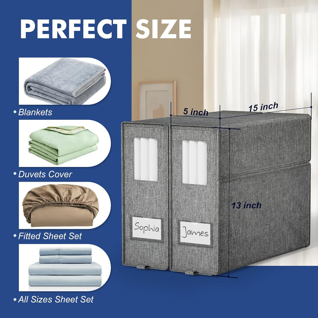 Furnhome Bed Sheet Organizers and Storage 3 Pack, Foldable Linen Closet Organizer Box with Clear Window, Labels & Reinforced Handles, Stackable Space Saving Bedding Storage for King Queen Sheet Set