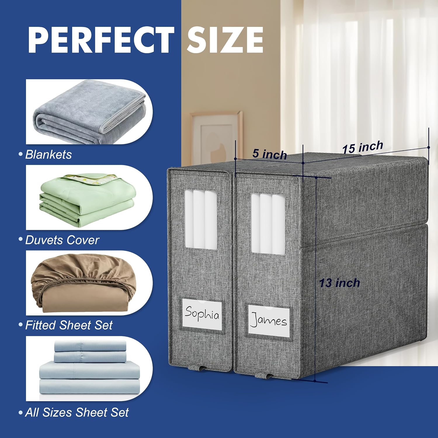 Furnhome Bed Sheet Organizers and Storage 3 Pack, Foldable Linen Closet Organizer Box with Clear Window, Labels & Reinforced Handles, Stackable Space Saving Bedding Storage for King Queen Sheet Set