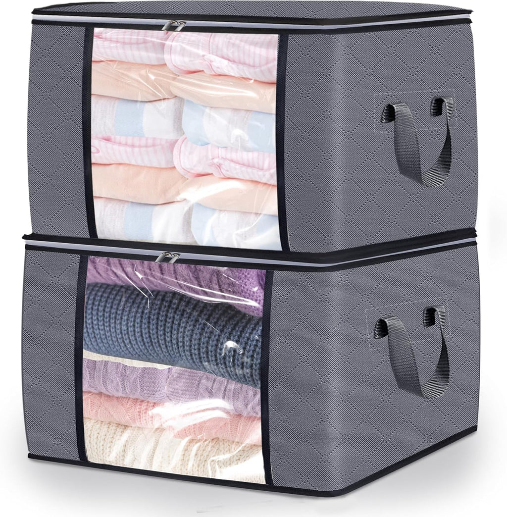 2 Pack Clothes Storage Bags, 90L Large Blanket Storage Bag Comforter Storage Bin with Reinforced Handle and Lid Foldable Closet Organizer and Storage Containers for Bedding Pillows Sheets and Duvet