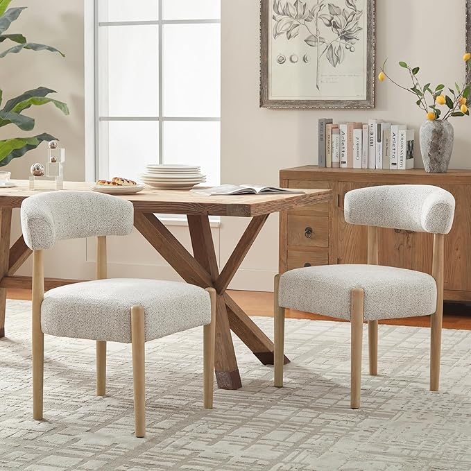 VKNOW Wooden Dining Chairs Set of 2, Modern Upholstered Dining Room Chairs with Rubberwood Legs and Curved Backrest, Fabric Kitchen Chairs for Farmhouse/Living Room/Dining Room, Heathered Off-White