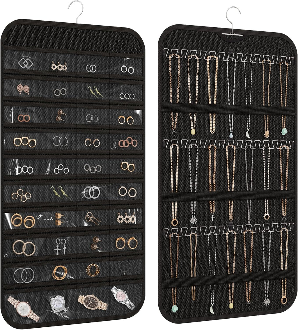 Hanging Jewelry Organizer Storage, 40 Pockets 36 Hooks Necklace Earring Necklace Bracelet Ring Organizer, Double - Sided Design, Black
