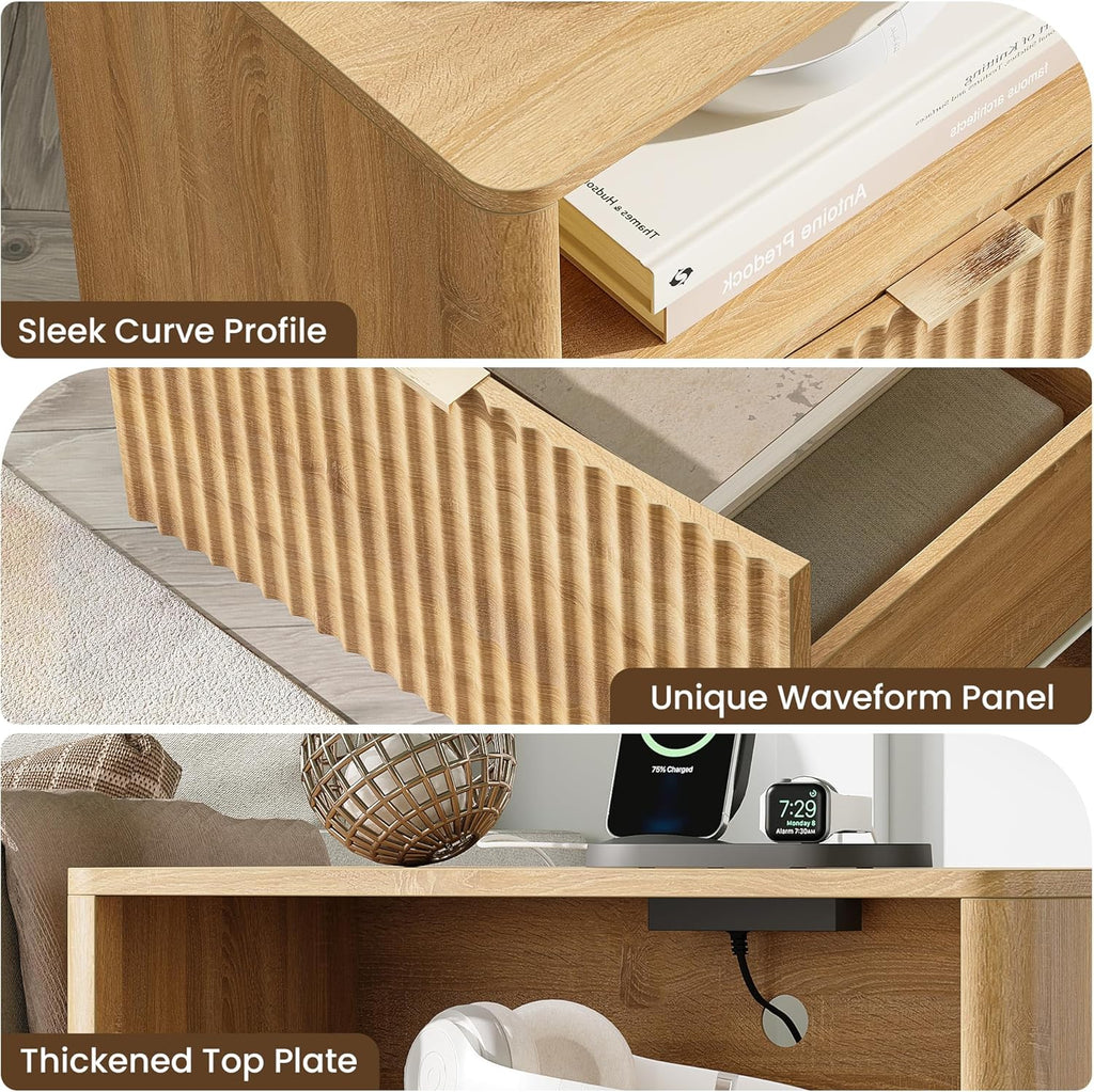 Night Stand with Charging Station, Modern Bedside Table with Drawer & Open Shelf Storage, Small Space Sidetable for Bedroom, Natural Oak