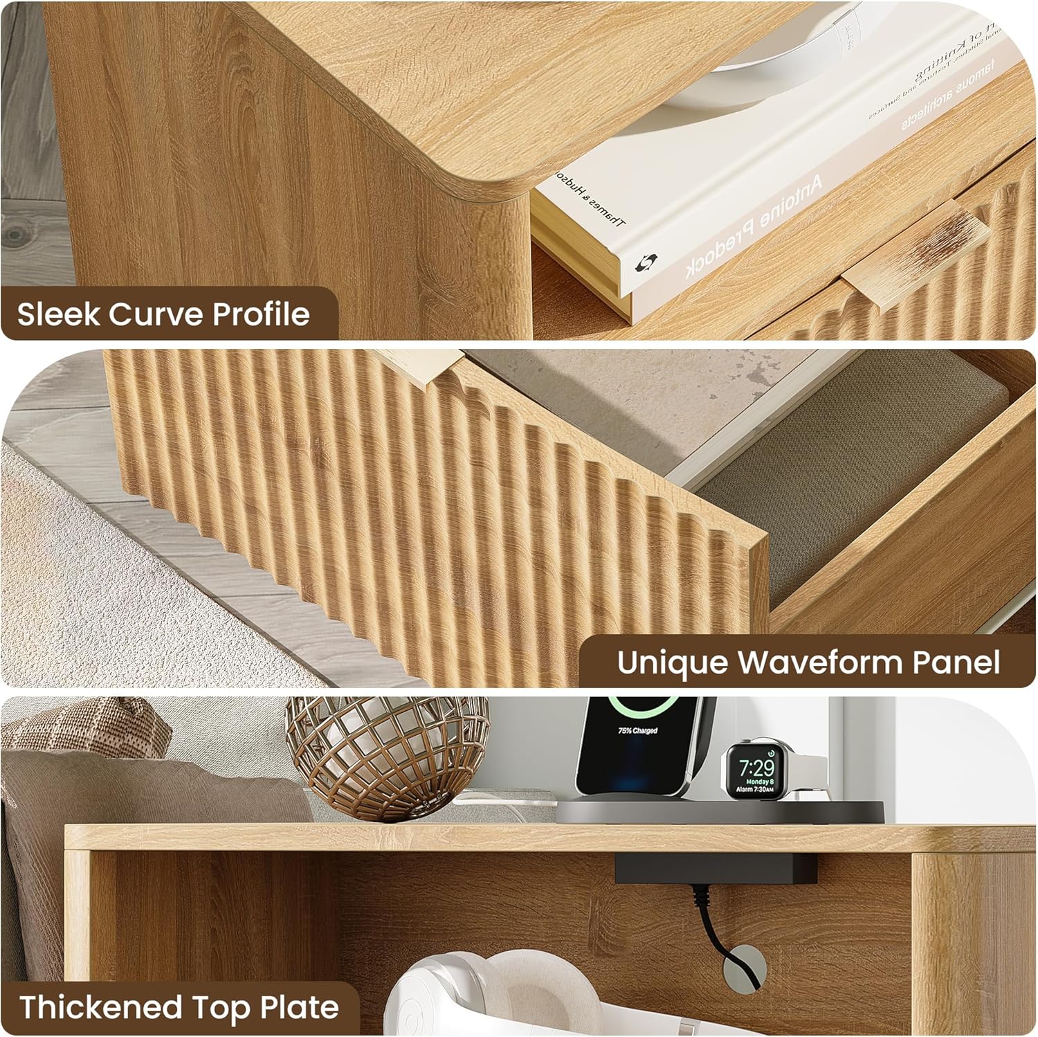 Night Stand with Charging Station, Modern Bedside Table with Drawer & Open Shelf Storage, Small Space Sidetable for Bedroom, Natural Oak