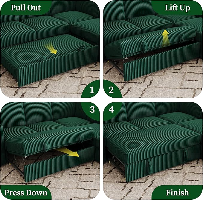 106.7" Sectional Sleeper Sofa with Pull Out Couch, Modern 7 Seat U Shaped Modular Couch, Green Sectionals Modular Sofa with Storage, Comfy Corduroy Couches Sectional for Living Room & Apartment