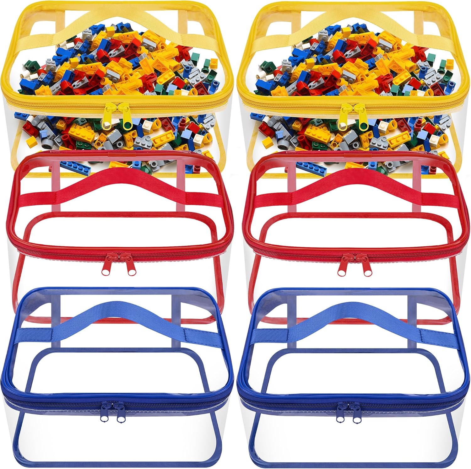 6 Packs Clear Toy Storage Bags- 9.4 x 6.7 x 4.3 Inch Transparent PVC Toy Organizing Bags with Zipper- Waterproof Toy Storage Organizer Pouch for Building Blocks, Small Toys (Red, Blue, Yellow)
