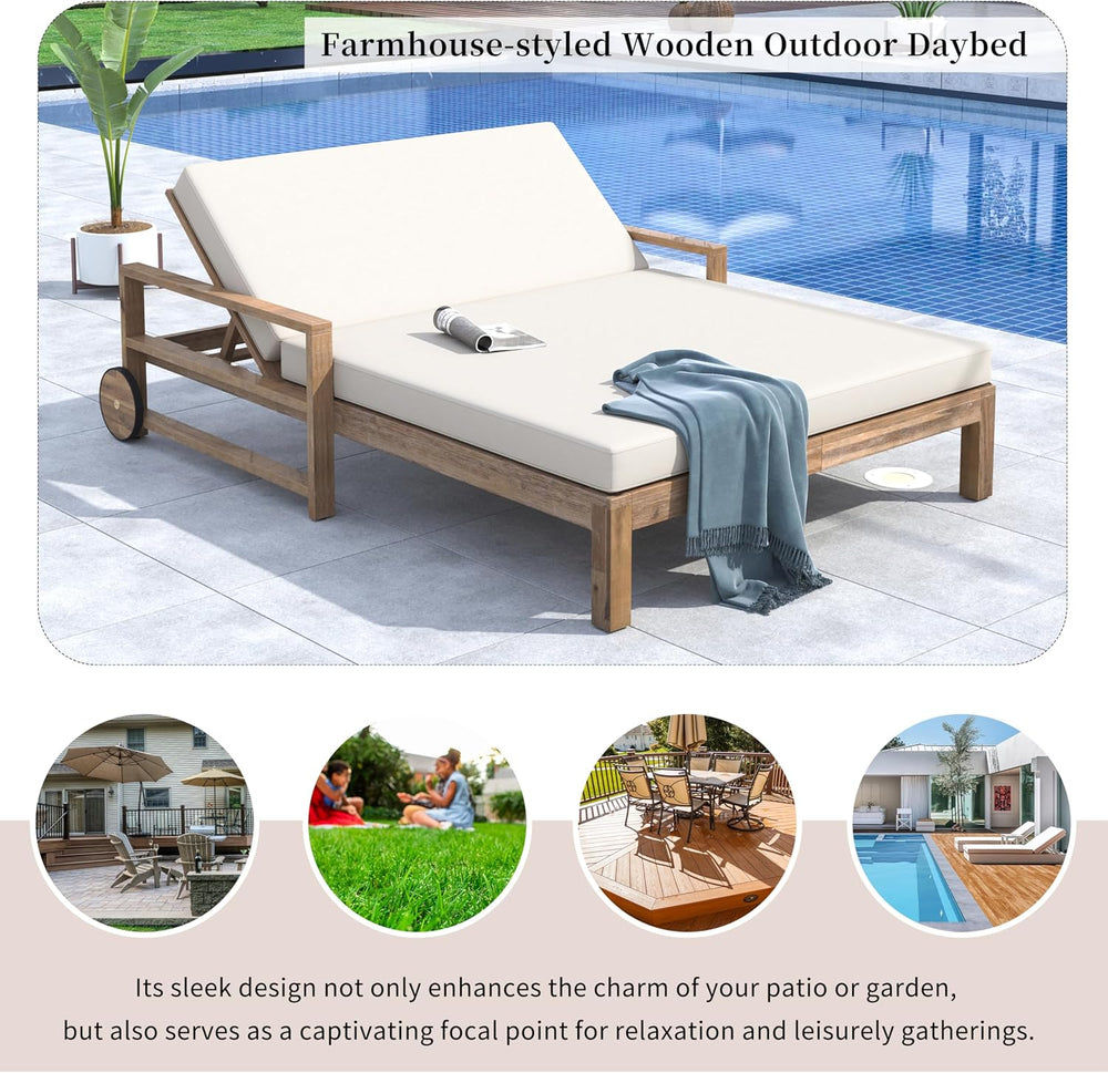 Merax Acacia Wood Outdoor Daybed Sofa, Farmhouse Patio Sun Lounger with Adjus...
