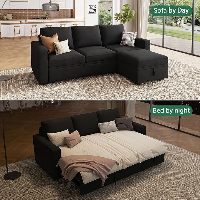 HONBAY Modular Sectional Sleeper Sofa with Pull Out Bed, L Shaped Couch with Storage Seat, Modular Sectional Couches for Living Room - Black