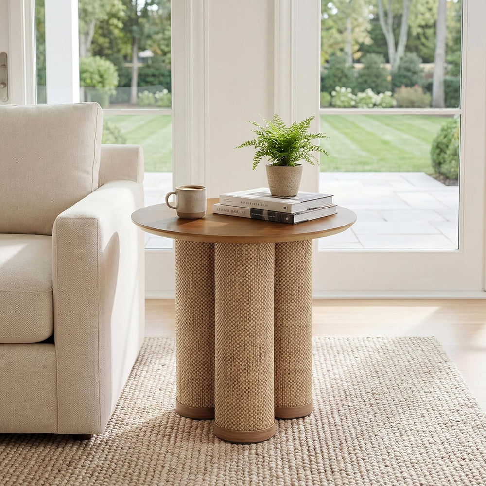 20" Round Walnut Wood End Table, Modern Side Table with 3 Textured Cylin...