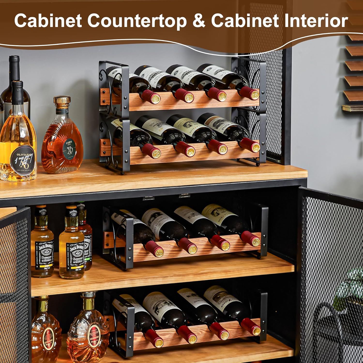X-cosrack Wine Rack Freestanding Floor with Patent Design, Wooden & Metal Wine Bottle Holder, 4 Tier 16 Bottles Stackable Wine Storage Racks for Kitchen Counter or Bar, Wine Display Shelf