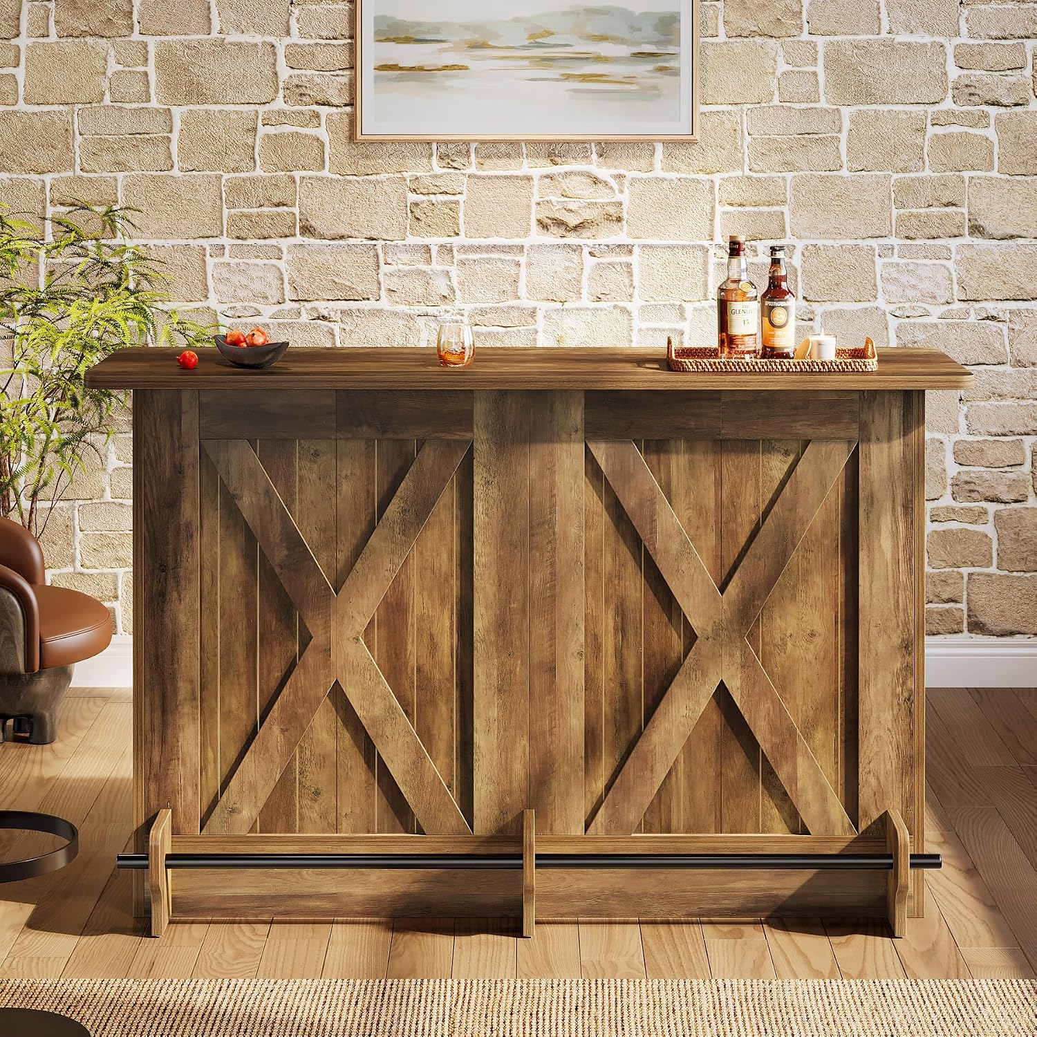 Tribesigns 63'' Bar Table, 2-Tier Bar Cabinet Pub Table with Footrest | Modern Coffee Cabinet for Home Kitchen, Bar Height Table for Bistro, Dining Room, Living Room (1, Brown)