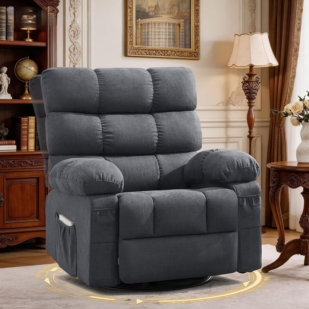 Swivel Rocker Recliner Chair for Adults, 360° Upholstered Manual Recliners for Small Spaces, Single Seat Glider Reclining Chair with Side Pockets, Ergonomic Reading Chair for Living Room, RV, Bedroom