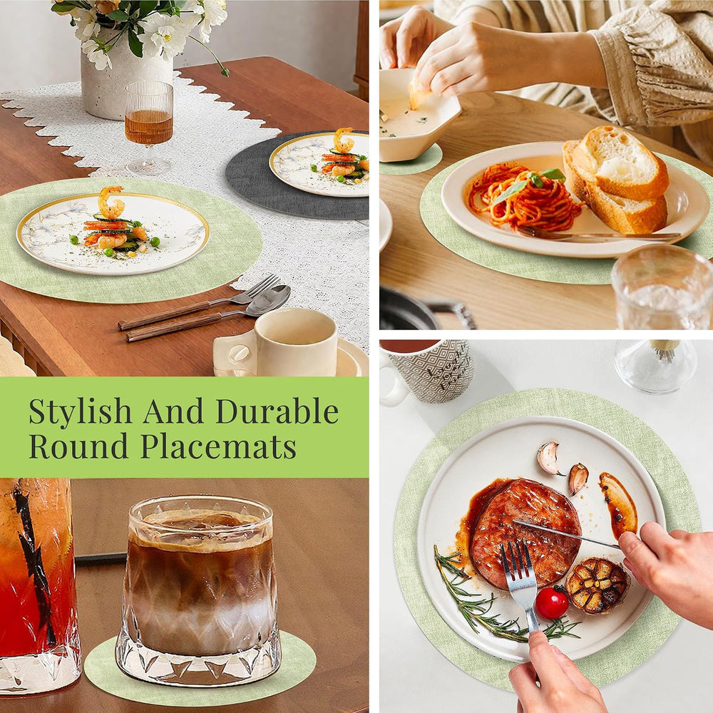 Fyvva Placemats Set of 12, 13" Round Reversible Faux Leather with Coasters