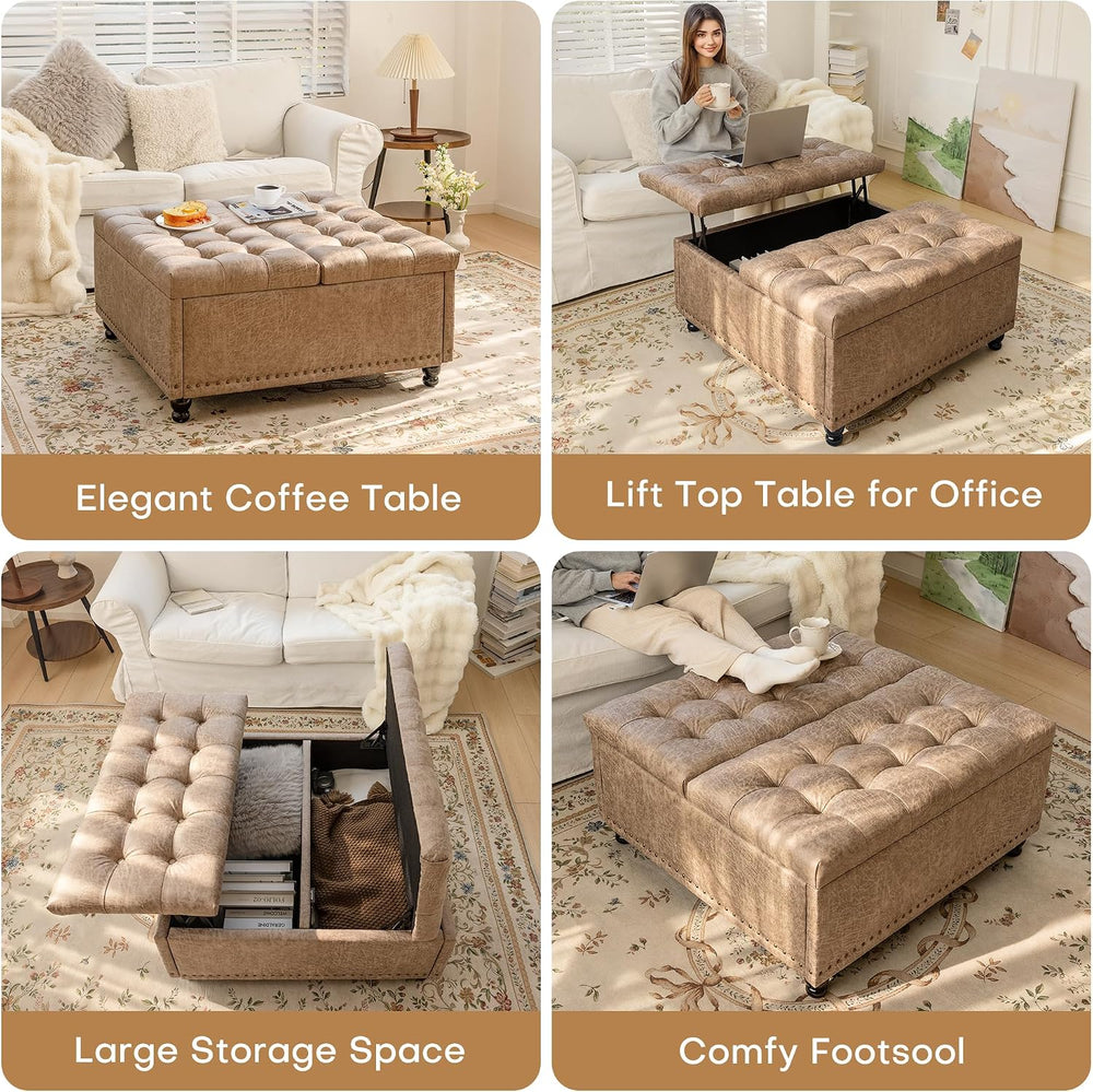 Redlife 35 Inch Large Square Storage Ottoman, Coffee Table Ottoman, Faux | Li...