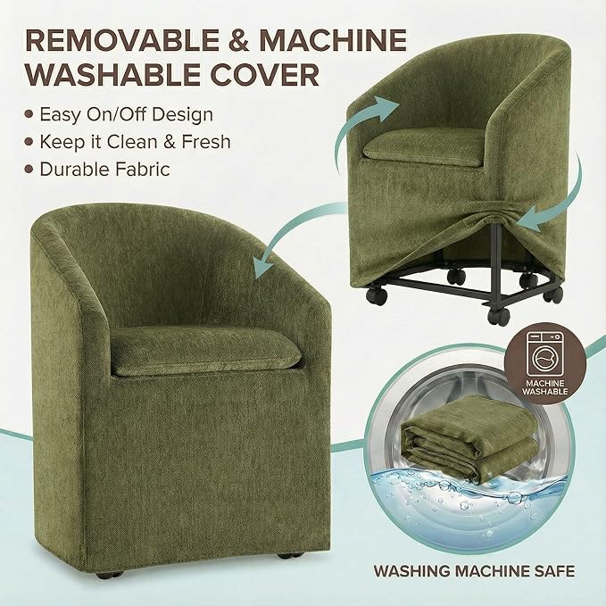 Upholstered Dining Chairs with Casters, Washable Cover Modern Dining Room Chairs with Barrel Backrest & Dual Armrest for Kitchen, Living Room, Bedroom, Green Fabric, 4PCS