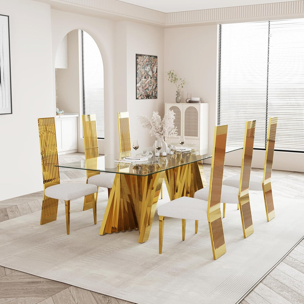 Dining Chairs Set of 6, Luxury Upholstered Boucle Chairs with Slatted Mirrore...