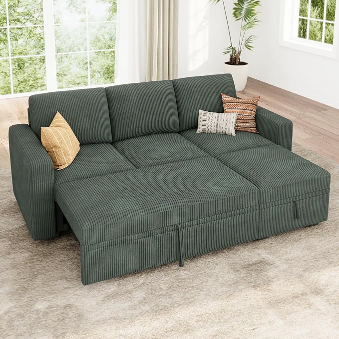 HONBAY Modular Sectional Sleeper Sofa with Pull Out Bed, L Shaped Sofa with Storage, Modular Sectional Couches for Living Room, Green