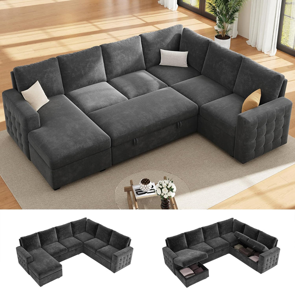 104" Sectional Sleeper Sofa Bed, 7 Seat Pull Out Couch with Storage, Gra...