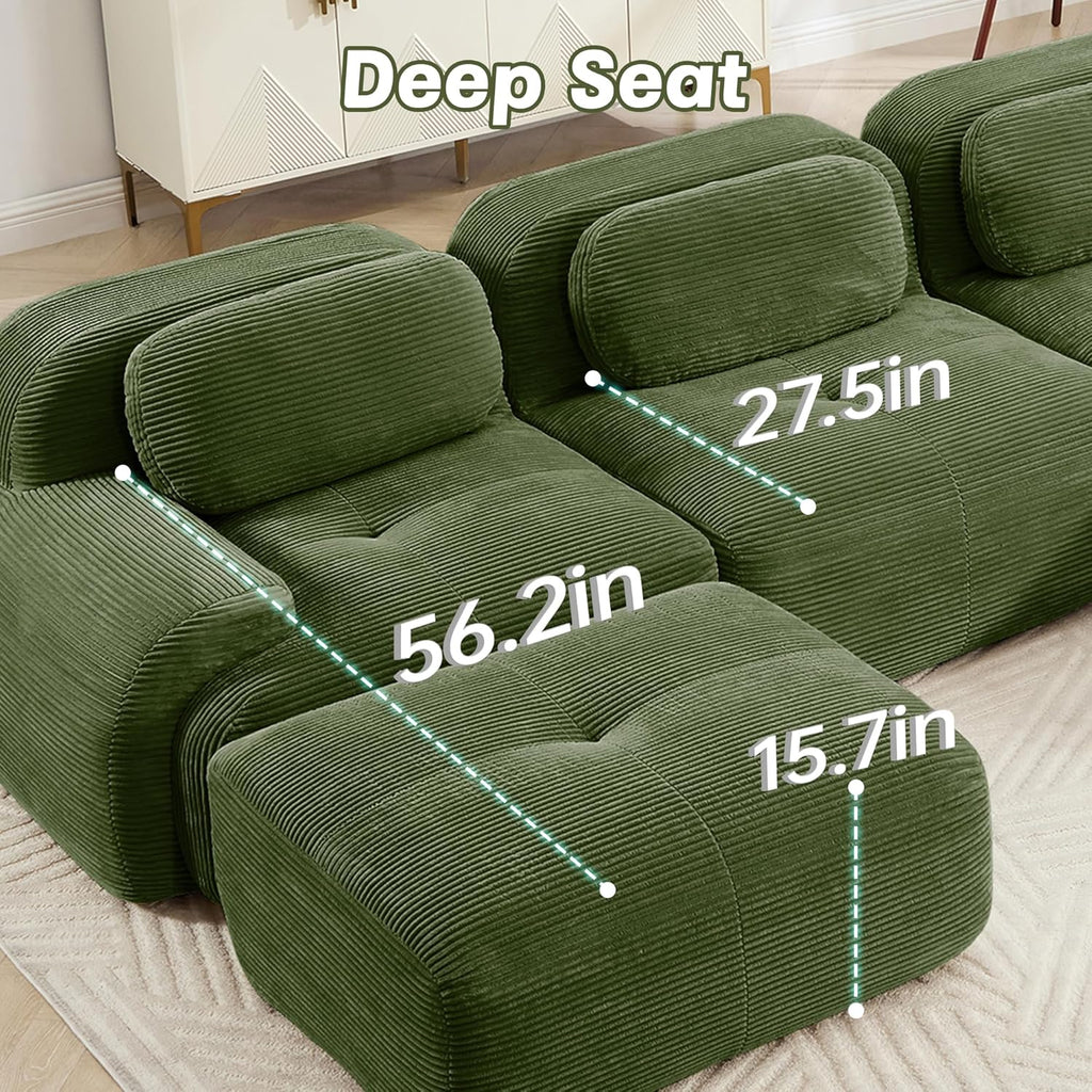 SoarFlash 81” Sectional Cloud Boneless Sofa Couches for Living Room-2 Seater U-Shaped Modern Lounge Couch-No Assembly Modular Corduroy Convertible Sponge Sleeper Sofas with Chaise for Home House,Green