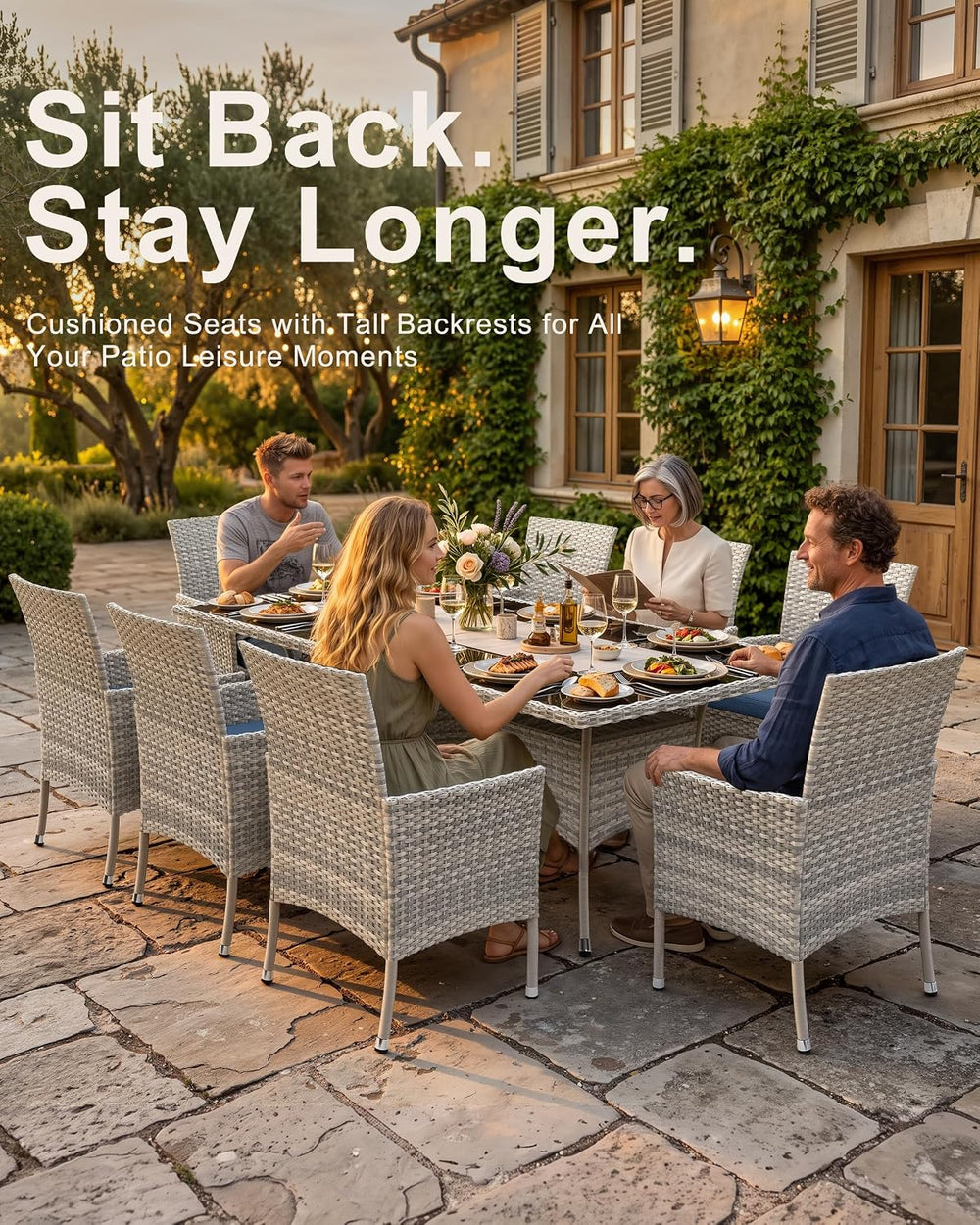 10-Piece Patio Dining Set, 2 Tempered Glass Tables & 8 Wicker Chairs