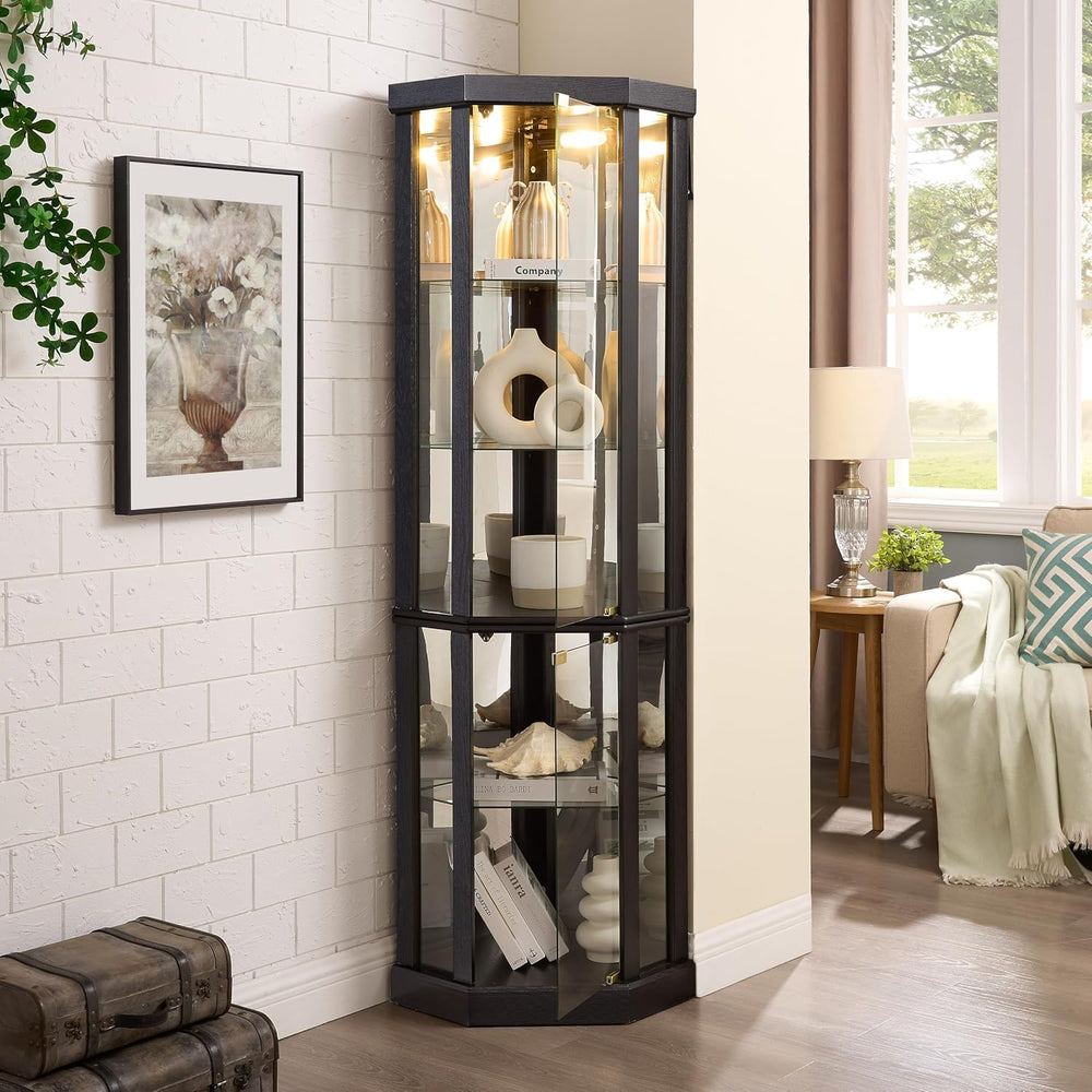 Lighted Corner Curio Cabinet - Elegant Glass Display Case for Living Room &am...