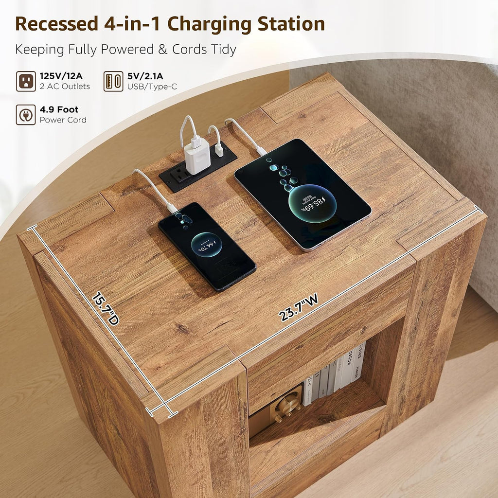 OKD 24" Modern Nightstand Set of 2 w/Drawer/Storage Shelf,Gold Rustic Brown | End Table, Wood Thick Design, Rustic Square Bedside Table w/ Charging Station