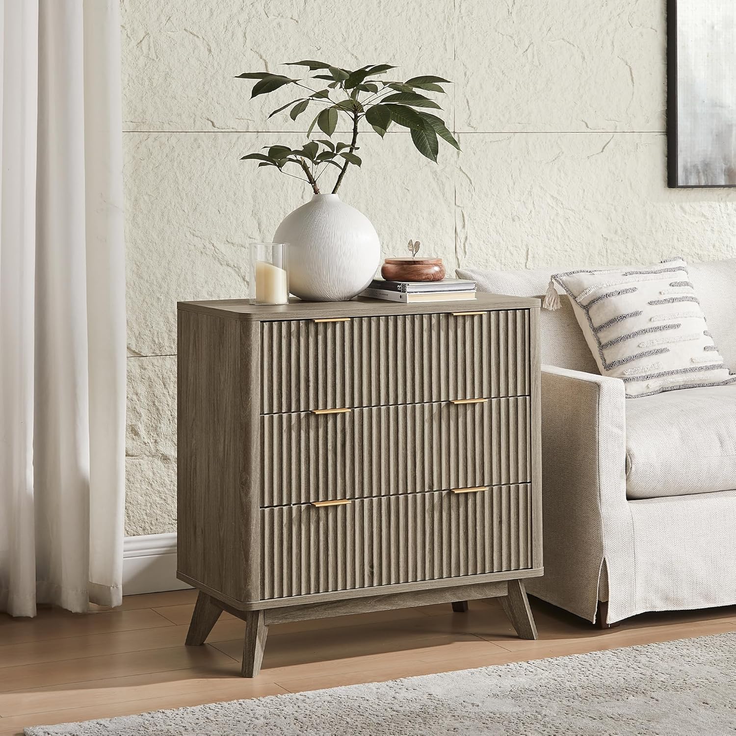 T4TREAM Fluted 3 Drawers Nightstand, Oversized Extra Large Modern Side Table, End Table Bedside for Bedroom, Living Room, Curved Profile Design, Grey Alder