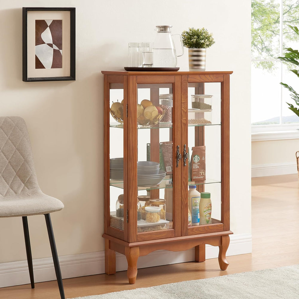 3-Tier Lighted Glass Display Curio Cabinet with 2 Tempered Glass Doors,Curio ...