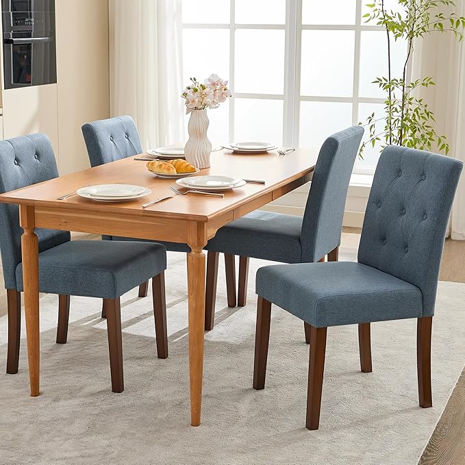 Upholstered Dining Chairs Set of 2, Button Tufted Parsons Chairs with Wood Legs and Padded Seat, Modern Fabric Side Chairs for Dining Room Kitchen Farmhouse Hotel, Blue