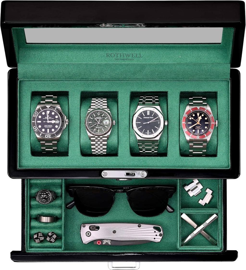 ROTHWELL 4-Slot Piano Black Watch Box with Valet Drawer - Premium Jewelry Display Case Organizer with Locking Glass Top and Microsuede Liner for Men & Women (Green Interior)