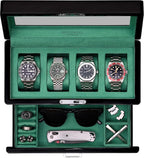 ROTHWELL 4-Slot Piano Black Watch Box with Valet Drawer - Premium Jewelry Display Case Organizer with Locking Glass Top and Microsuede Liner for Men & Women (Green Interior)
