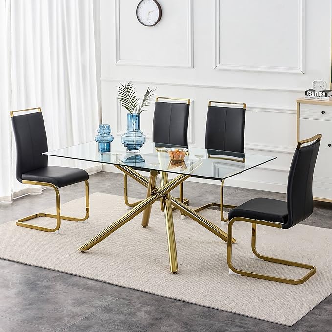 AZmac Modern Leather Dining Chairs Set of 4,Armless Kitchen Chairs,Dining Room Chairs with Upholstered Padded Seat and Sturdy Gold Legs for Dining Room,Kitchen (Set of 4, Black-Gold Leg)