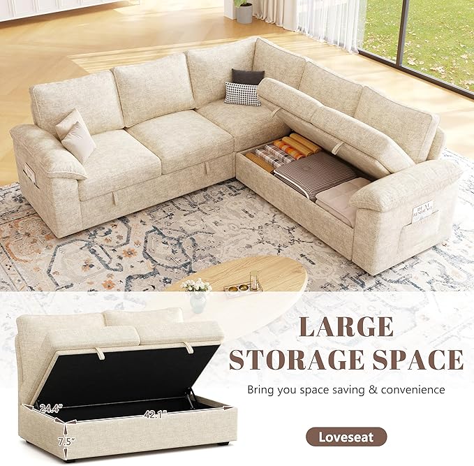 85 Inch Modular Sectional Sofa with Pull Out Bed, L Shaped 5 Seat Sectional Sleeper Sofa with Storage, Sectional Couches for Living Room, Cloud Modular Couch, Removable Sofa Cover, Beige