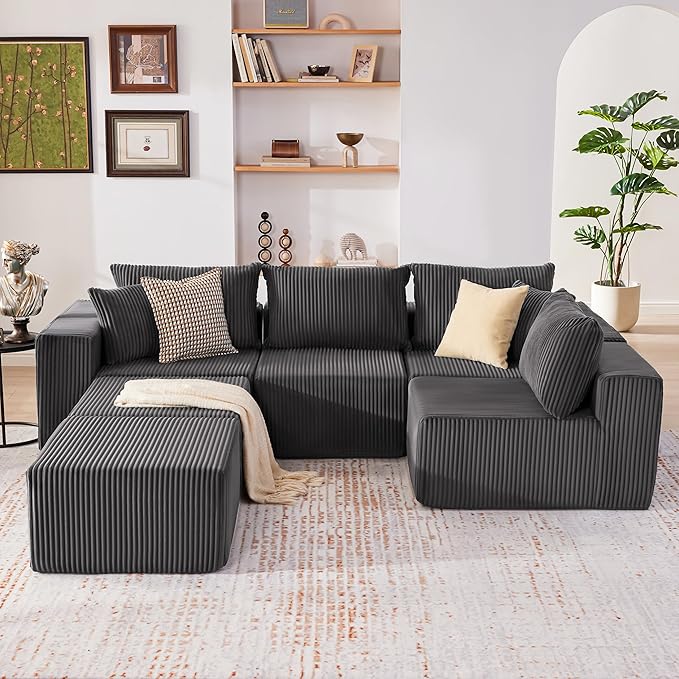 135.4" Cloud Couch Sectional, Modular Sectional Sofa with Deep Seat, Plush Corduroy U Shaped Boneless Couch, Convertible Sectional Couches for Living Room, 6Seat, Grey