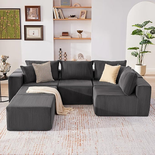 135.4" Cloud Couch Sectional, Modular Sectional Sofa with Deep Seat, Plush Corduroy U Shaped Boneless Couch, Convertible Sectional Couches for Living Room, 6Seat, Grey