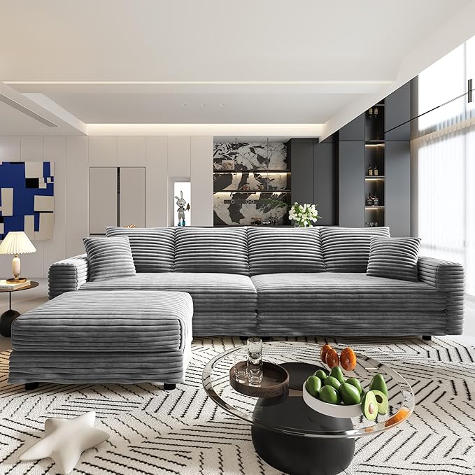 KEIKI 102.4" Sectional Couches, Modern Comfy Upholstered Sofa Cloud Couch, Deep Seat 4 Seat Sofa Set with Soft Pillows and Movable Ottoman for Living Room Bedroom,Apartment,Office, Grey