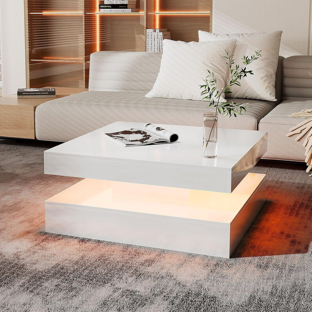 HedoAjim White LED Coffee Table for Living Room, 2-Tier Square Center Table L...