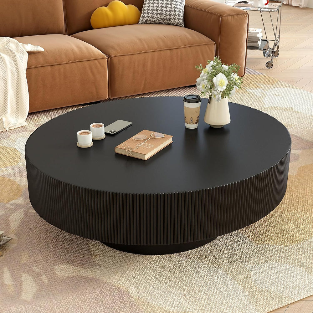 31.5“ Round Fluted Coffee Table, Modern Wood Circle Center Table, Accent Tea ...