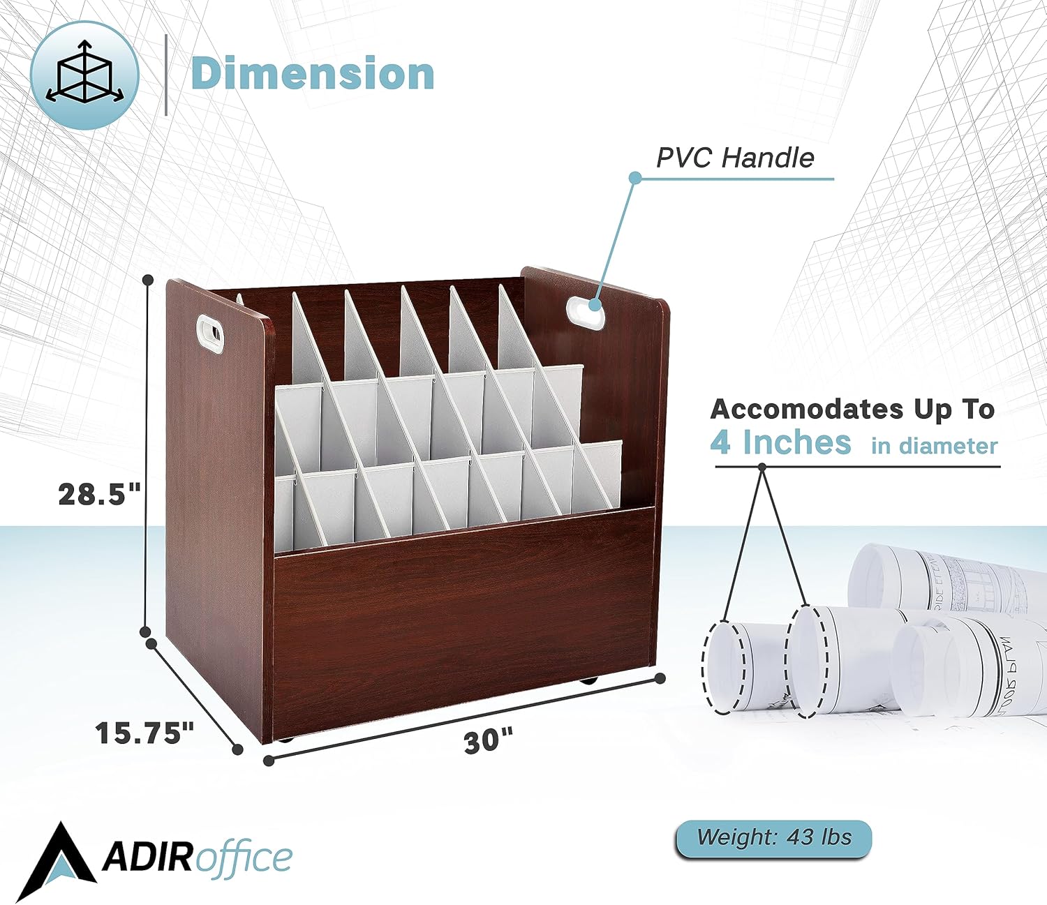 AdirOffice Adir Blue Print Storage Organizer - Mobile Roll File Cart, Construction Plan Holders, Blueprint Cabinet with Wheels, Roll Files Storage for Office and Home (21 Slots, Mahogany)