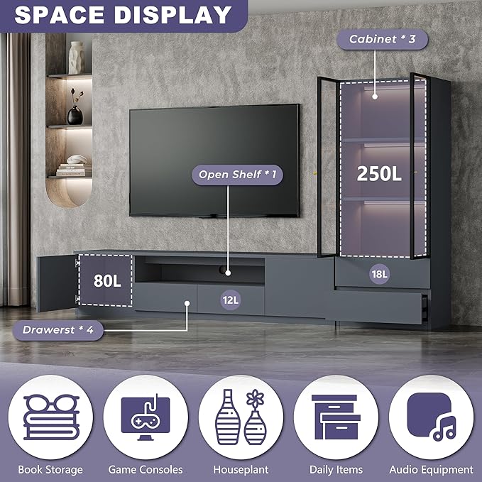 102" Grey Modern Entertainment Center for 65/75/85 inch TV, Included TV Console and Glass Display Cabinet, 2-Piece Media Console with Drawers Storage for Living Room (AB-102 Cabinets Set)