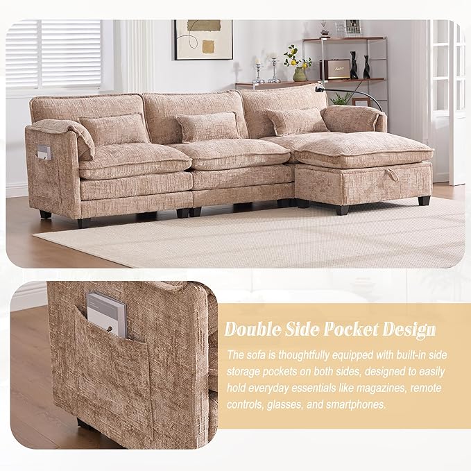 Ball & Cast Modular Sectional Sofa,L Shaped Couch with Movable Storage Ottoman,Chenille Upholstered Sofa W/USB Charging Port,Phone Holder and Side Pocket,for Living Room,Apartment,Khaki,109"