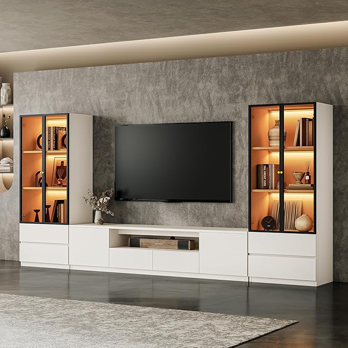 126" White Modern Entertainment Center for 65/70/75/80/85 inch TV, Included TV Stand and Two Glass Display China Cabinet, 3-Piece Lighted Media Console for Living Room (ABA-126 Cabinets Set)
