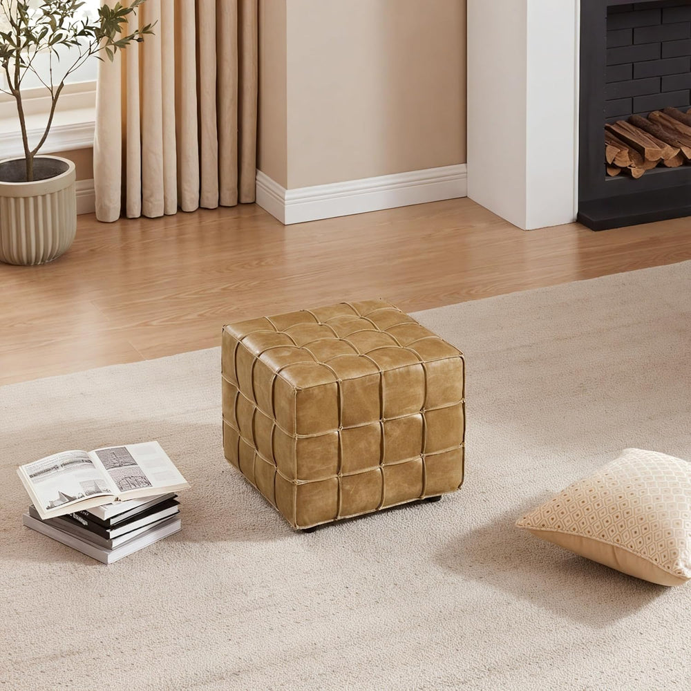Art Leon Tufted Square Ottoman Leather Footstool Foot Rest Light Brown | Bisc...