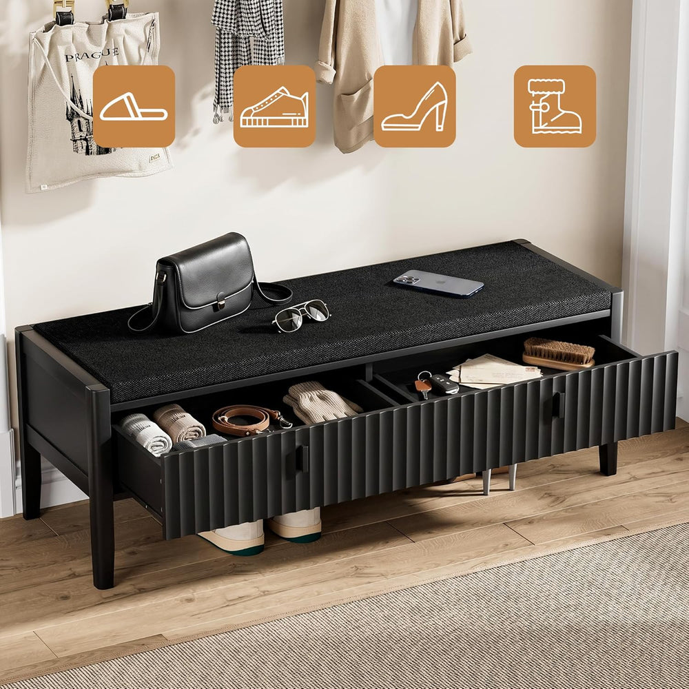 Furniway Black Fluted Shoe Bench with 2 Drawers, Entryway Storage Bench with ...