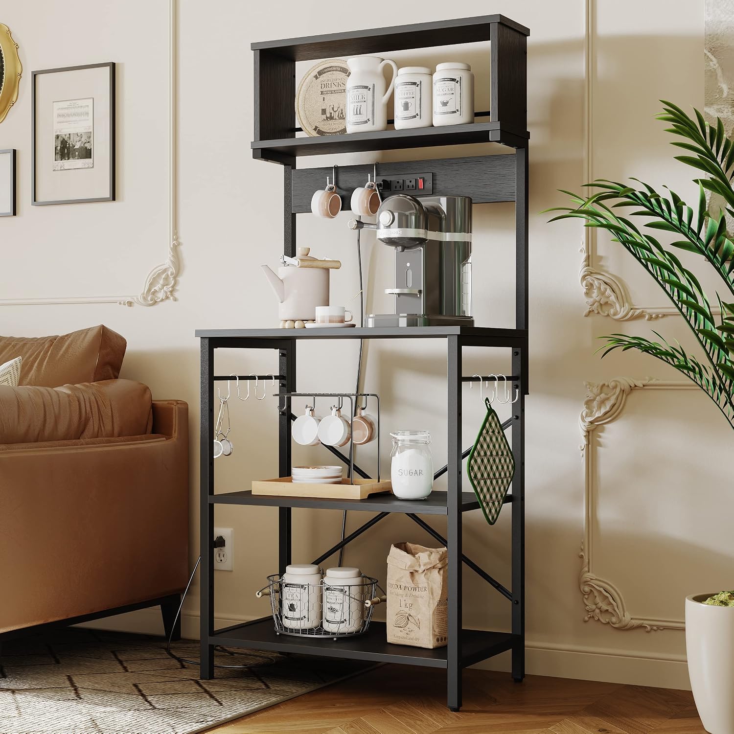 Bestier Bakers Rack with Power Outlet, Coffee Bar Table with Storage 5 Tiers, Standing Microwave Stand with 8 S-Shaped Hooks, Kitchen Storage Shelf Rack for Spices | Standing Microwave Stand with 8 S-Shaped Hooks, Kitchen Storage Shelf Rack for Spices